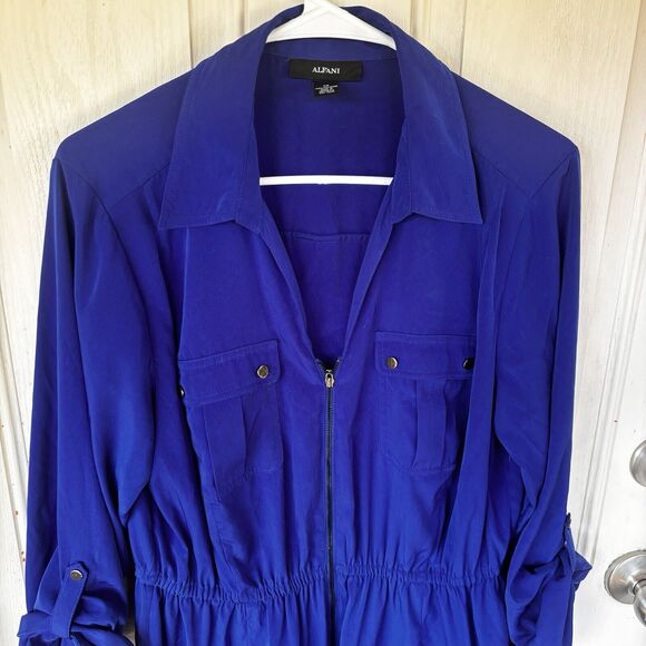 ALFANI Dress Sz 14 Royal Blue Longsleeve Zipper Pockets Casual Party Collared - Picture 2 of 7